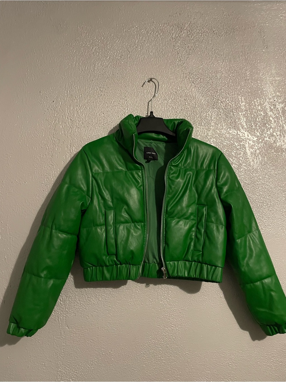 Green Cropped Puffer Jacket - Women's Vegan Leather Coat